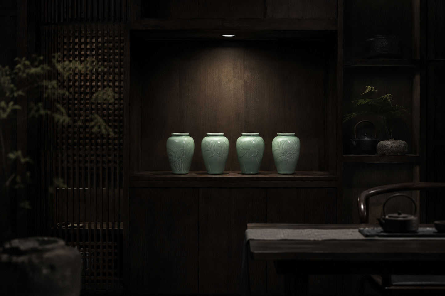 《景风》——龙泉青瓷梅子青瓶手作刻绘藏品